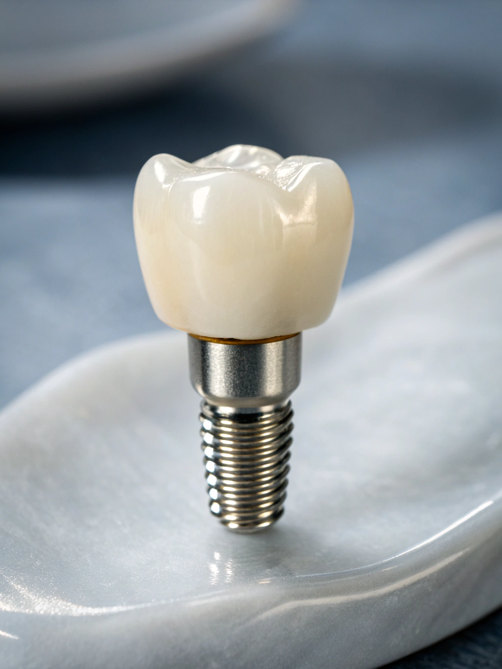 Dental implant model showing a crown on an implant post
