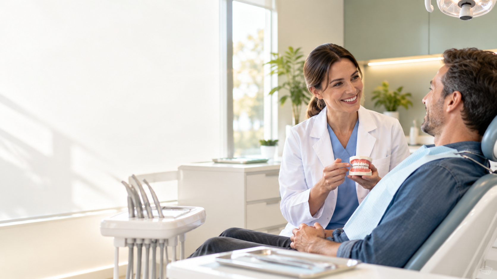 Friendly dentist holding a teeth model while explaining dental care to a smiling patient in a bright dental clinic.